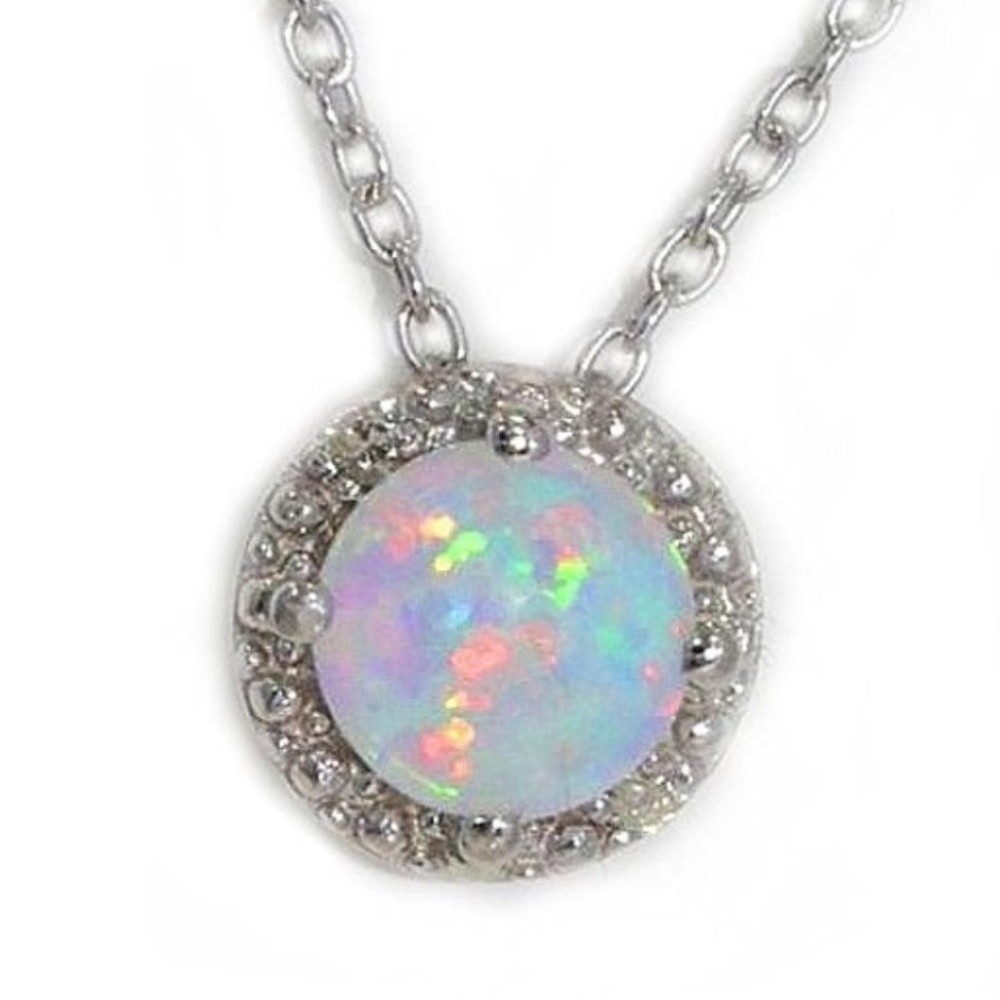 Opal & Diamond Round Pendant .925 Sterling Silver
